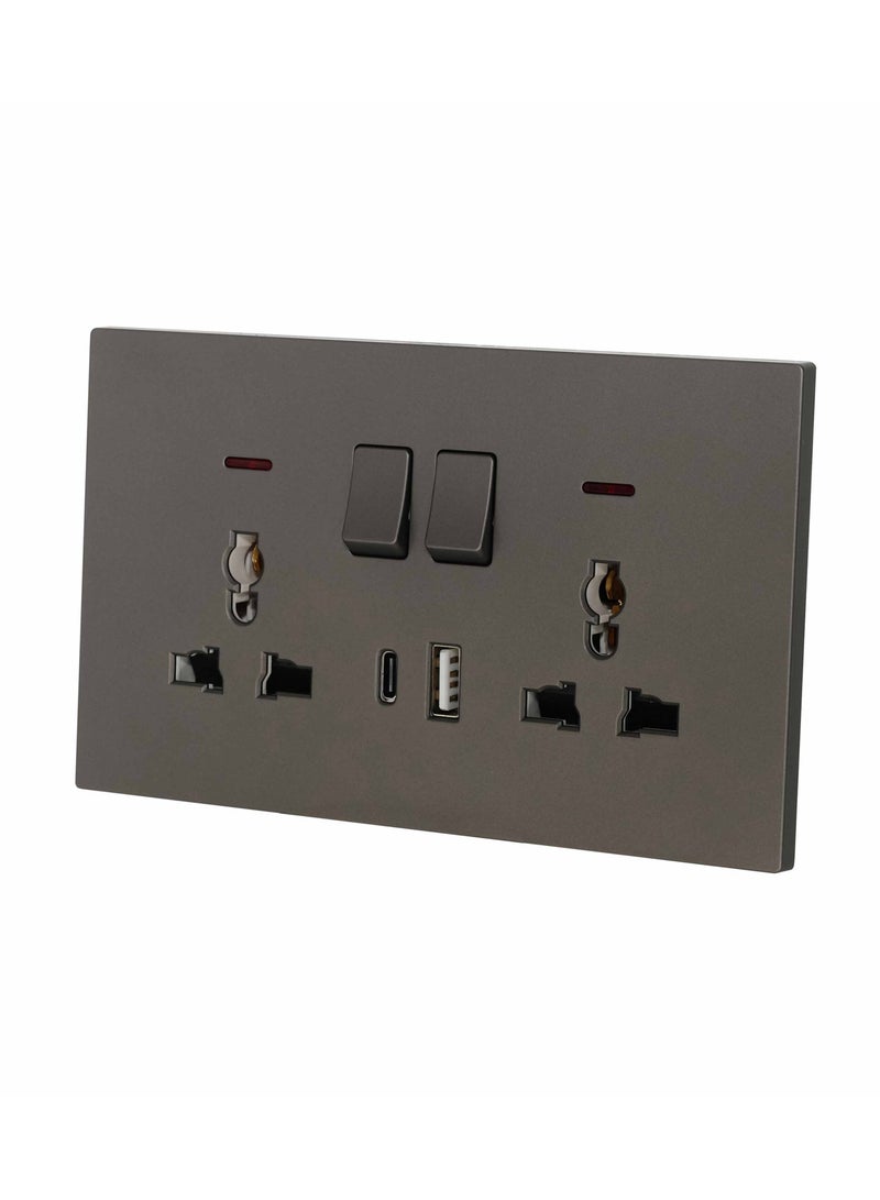 Donmarco Ultra Thin 2 Gang Double MF Socket 13A with USB + Type-C Ports (5V 3.1A) – Fire-Resistant Electric Outlet , 3-Year Warranty , Sleek Plastic Design (Matt Grey) | Wall Socket Power Outlet - Image 2