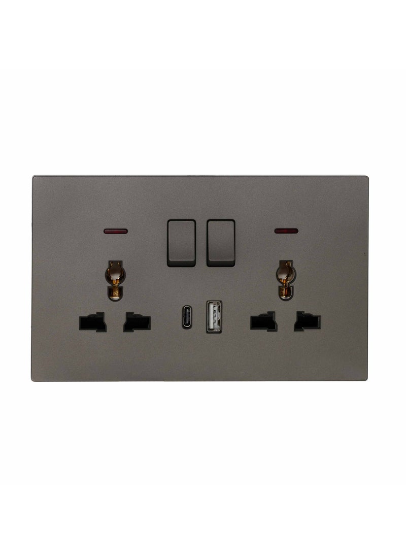 Donmarco Ultra Thin 2 Gang Double MF Socket 13A with USB + Type-C Ports (5V 3.1A) – Fire-Resistant Electric Outlet , 3-Year Warranty , Sleek Plastic Design (Matt Grey) | Wall Socket Power Outlet - Image 1