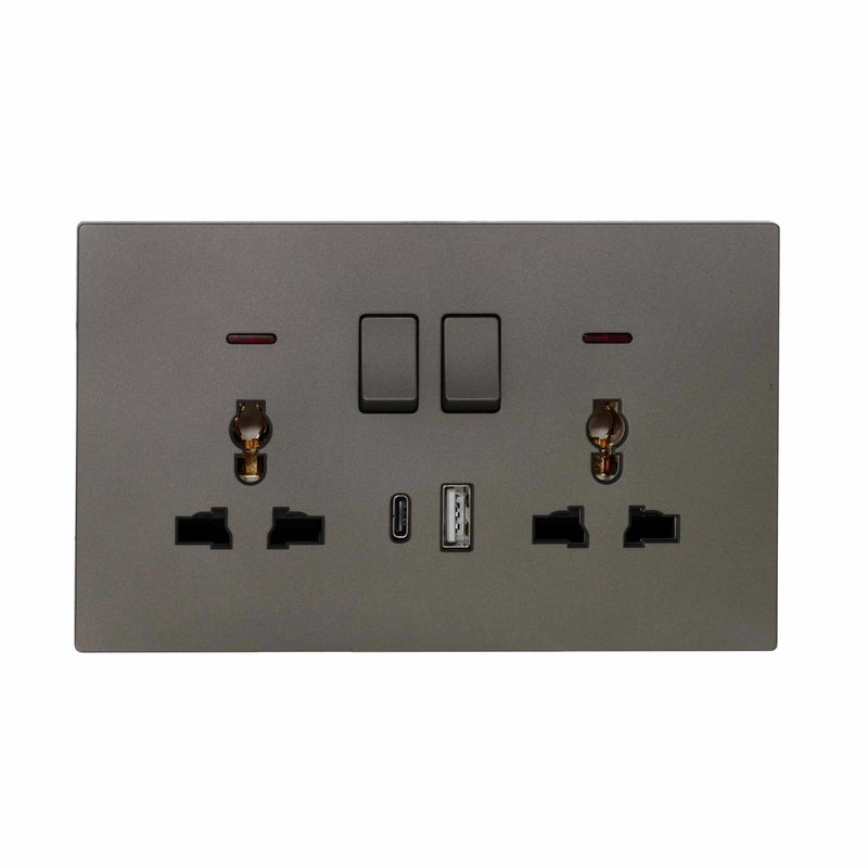 دونماركو مقبس حائط مزدوج MF فائق الرقة 13A مع منافذ USB + Type-C (5V 2.1A) – تصميم بلاستيكي أنيق للمنازل والمكاتب باللون الرمادي غير اللامع - Image 1
