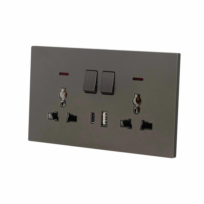 دونماركو مقبس حائط مزدوج MF فائق الرقة 13A مع منافذ USB + Type-C (5V 2.1A) – تصميم بلاستيكي أنيق للمنازل والمكاتب باللون الرمادي غير اللامع - Image 2