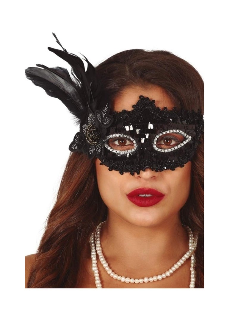 Fiestas Guirca Black Mask With Flower And Feather