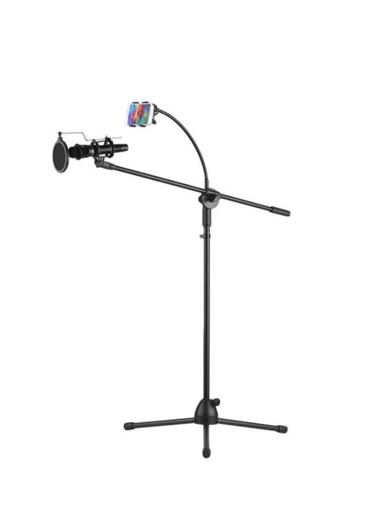 Metal Microphone Floor Stand Tripod Adjustable Height with Boom Arm 3 Mic Holders & 1 Smartphone Holder for Studio Outdoor Cellphone Live Streaming - Image 1