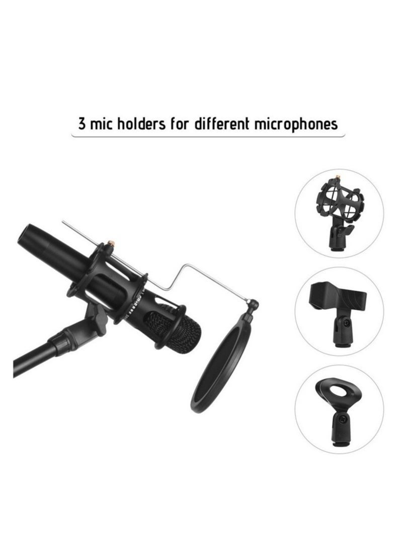 Metal Microphone Floor Stand Tripod Adjustable Height with Boom Arm 3 Mic Holders & 1 Smartphone Holder for Studio Outdoor Cellphone Live Streaming - Image 2