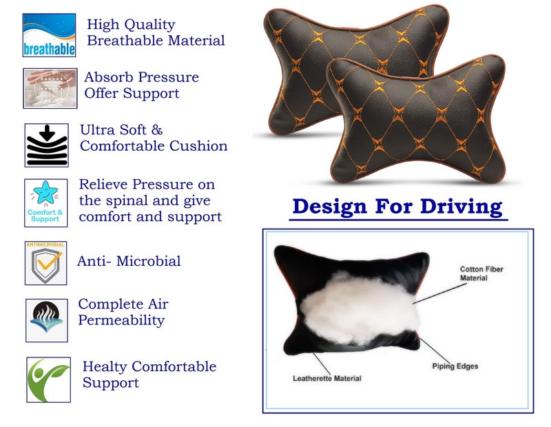 Auto Hub Car Neck Rest Pillow, Car Cushion for All Cars - Pack of 2 (7D-Tan), Cotton, Leatherette - Image 3