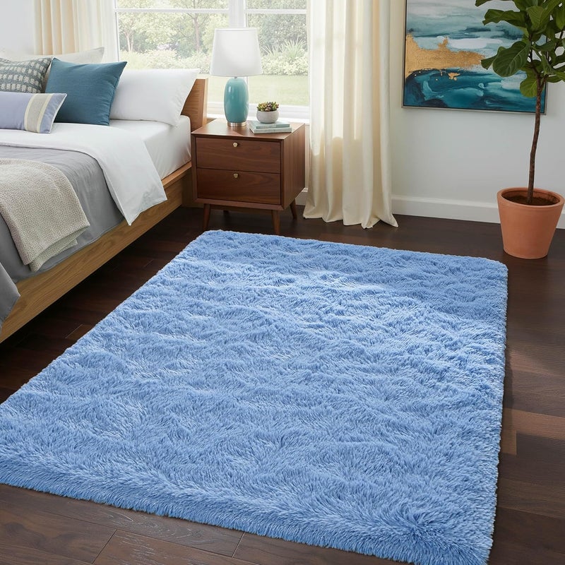 Keeko Soft Fluffy Blue Area Rug, 4x5.3 Feet Shag Furry Faux Fur Modern Rug Carpet for Living Room Bedroom, Indoor High Pile Non Shedding Washable Fuzzy Rugs for Girls Kids Children Room Decor - Image 3