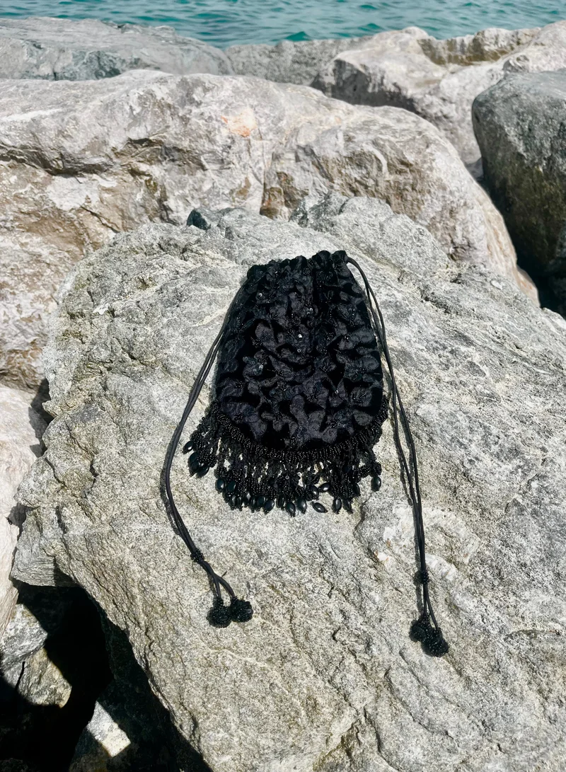 Tohfa Luxe Tohfa Luxe  Ruqaya Midnight Fringe Potli Clutch Bag