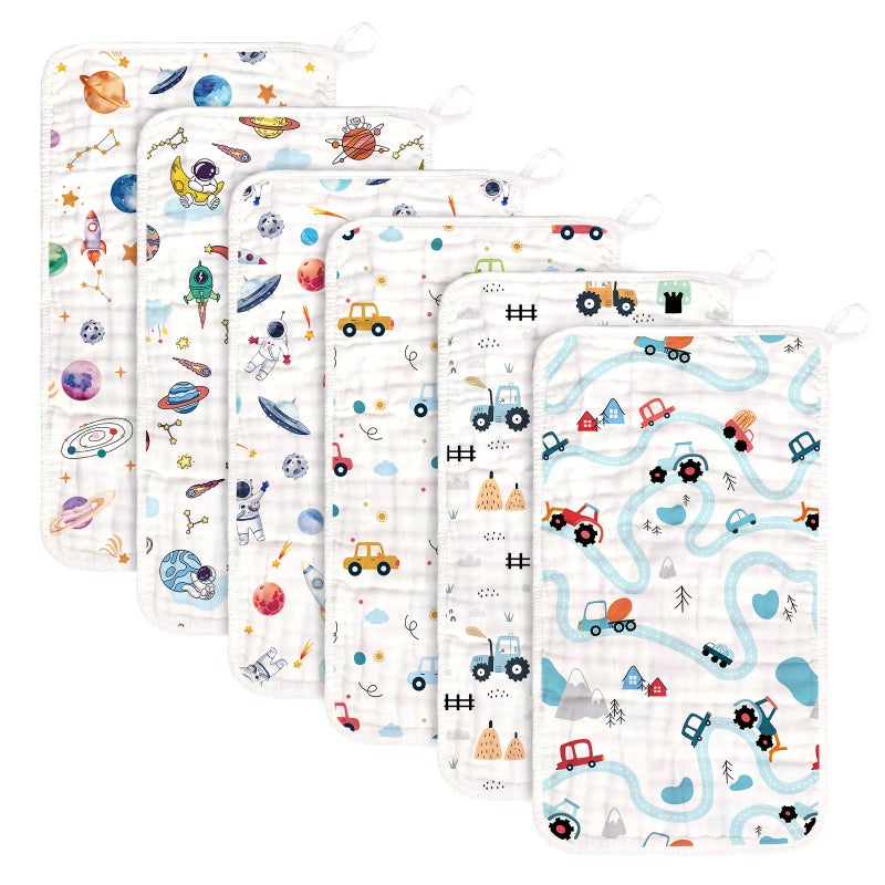 decalsweet Baby Burp Cloths Muslin Washcloths 6 Pack Muslin Burp Cloths 100% Cotton Large 20''x12'' Soft 6 Layers Baby Burp Rags for Boys Girls Baby Essentials for Newborn Gift Machine Washable - Image 1