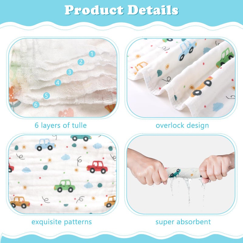 decalsweet Baby Burp Cloths Muslin Washcloths 6 Pack Muslin Burp Cloths 100% Cotton Large 20''x12'' Soft 6 Layers Baby Burp Rags for Boys Girls Baby Essentials for Newborn Gift Machine Washable - Image 4