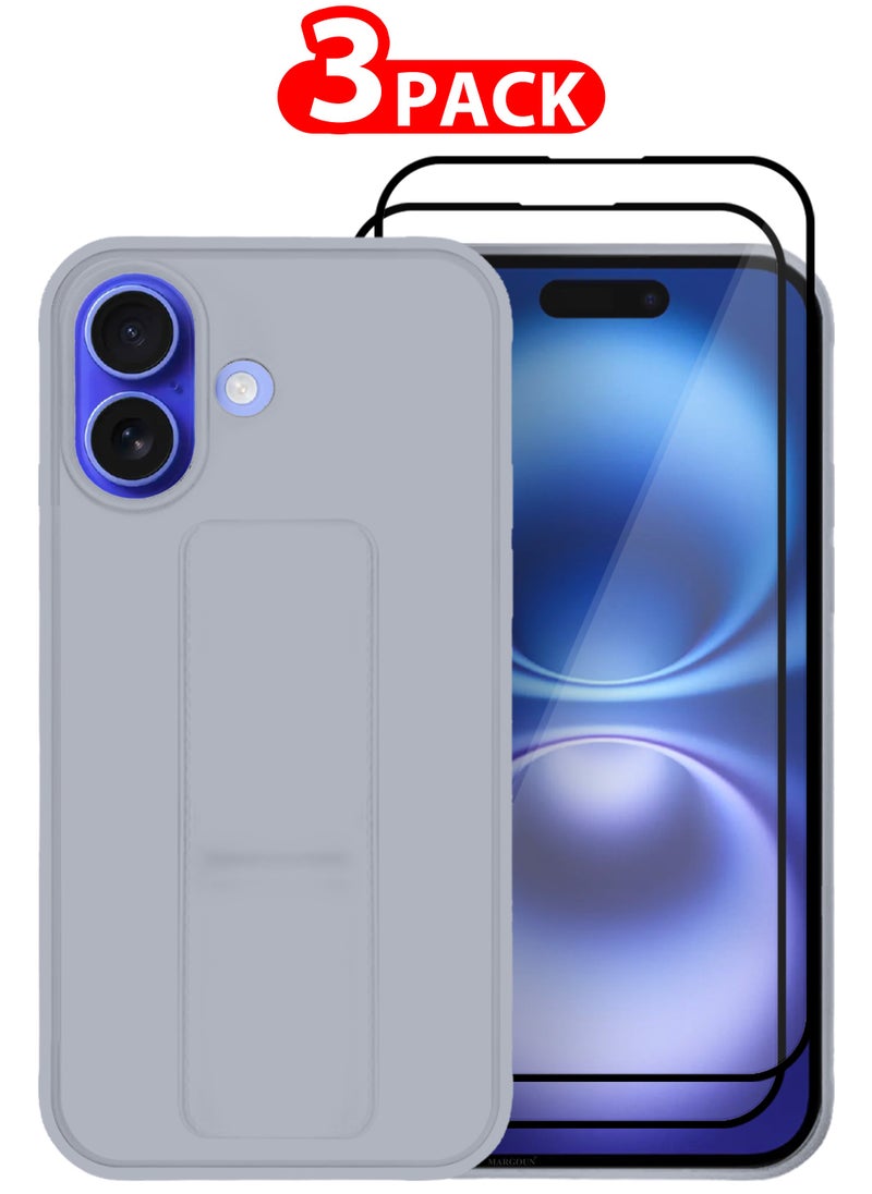 CATANES - (for Apple iPhone 16) 3Packs (1Case, 2Screen Protectors), Case Premium PU Leather Back Cover with Stand Function Shockproof and Anti Scratch Finger Grip Case Cover / Grey - Image 1