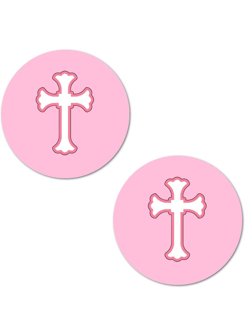 RokAPary 40 Pink Cross Stickers 2 Inch Big Round Glossy Labels Theme Baptism Christening Decorations Communion or Baby Shower Great for Party Favors Tags Games and Supplies Made in USA  - Image 1