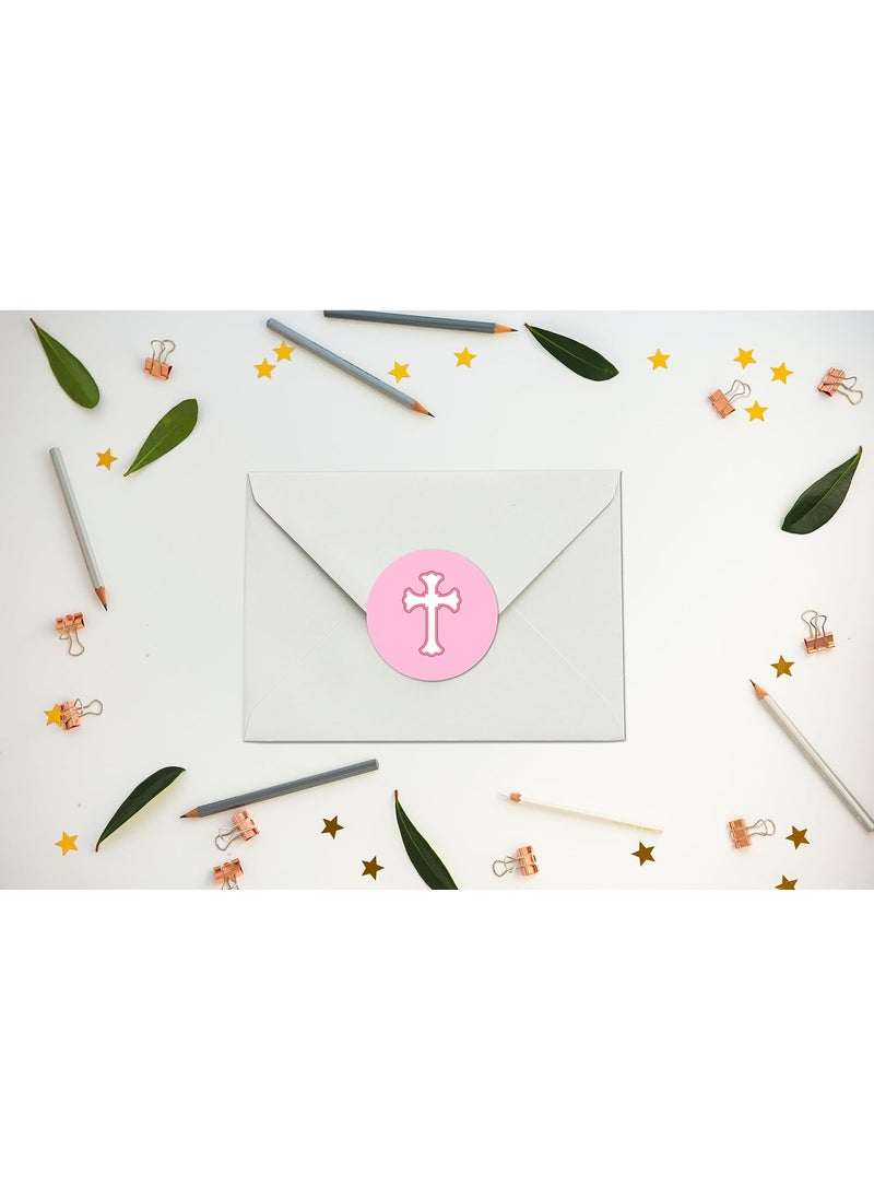 RokAPary 40 Pink Cross Stickers 2 Inch Big Round Glossy Labels Theme Baptism Christening Decorations Communion or Baby Shower Great for Party Favors Tags Games and Supplies Made in USA  - Image 4