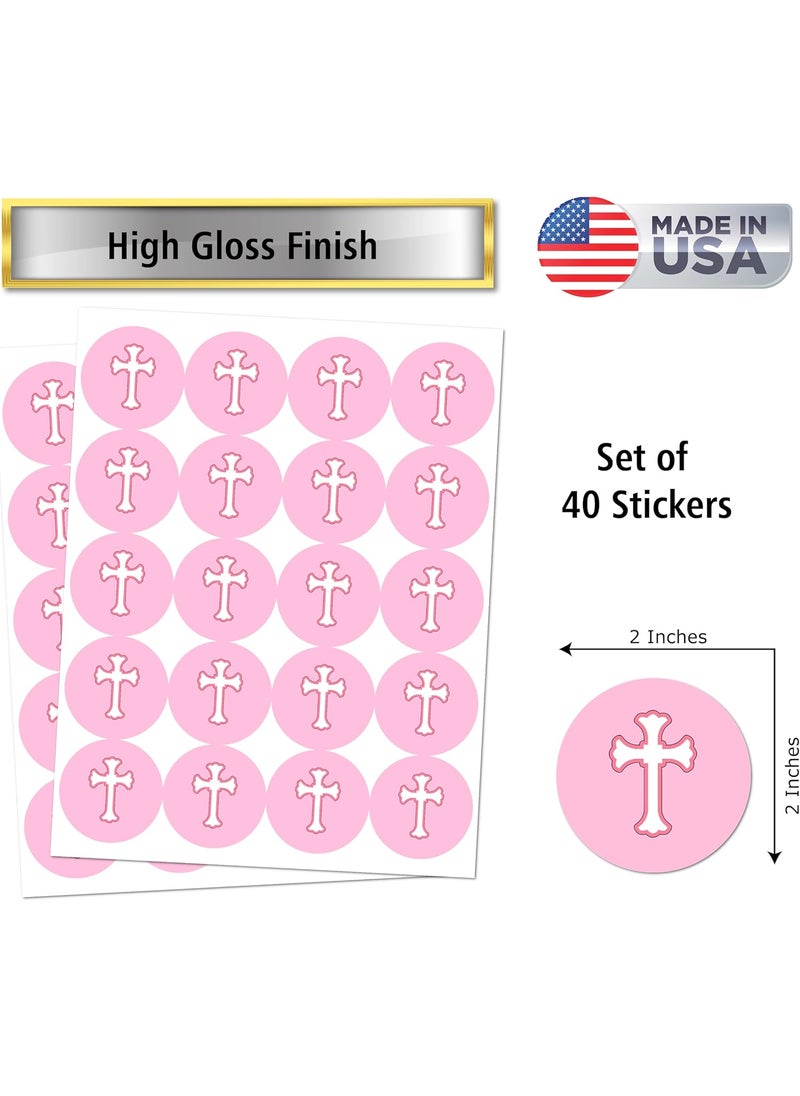 RokAPary 40 Pink Cross Stickers 2 Inch Big Round Glossy Labels Theme Baptism Christening Decorations Communion or Baby Shower Great for Party Favors Tags Games and Supplies Made in USA  - Image 2