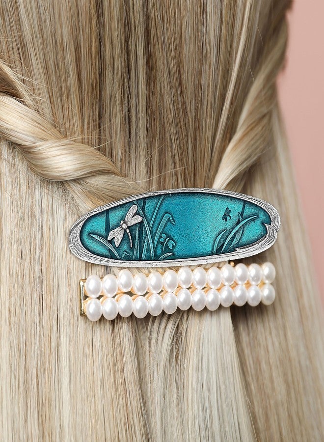 Danforth - Teal Dragonfly Barrette Large - Handcrafted Pewter Dragon Fly Barrette - Large French Clip - Thick Hair Friendly - 4” Long, Made In USA - Image 3