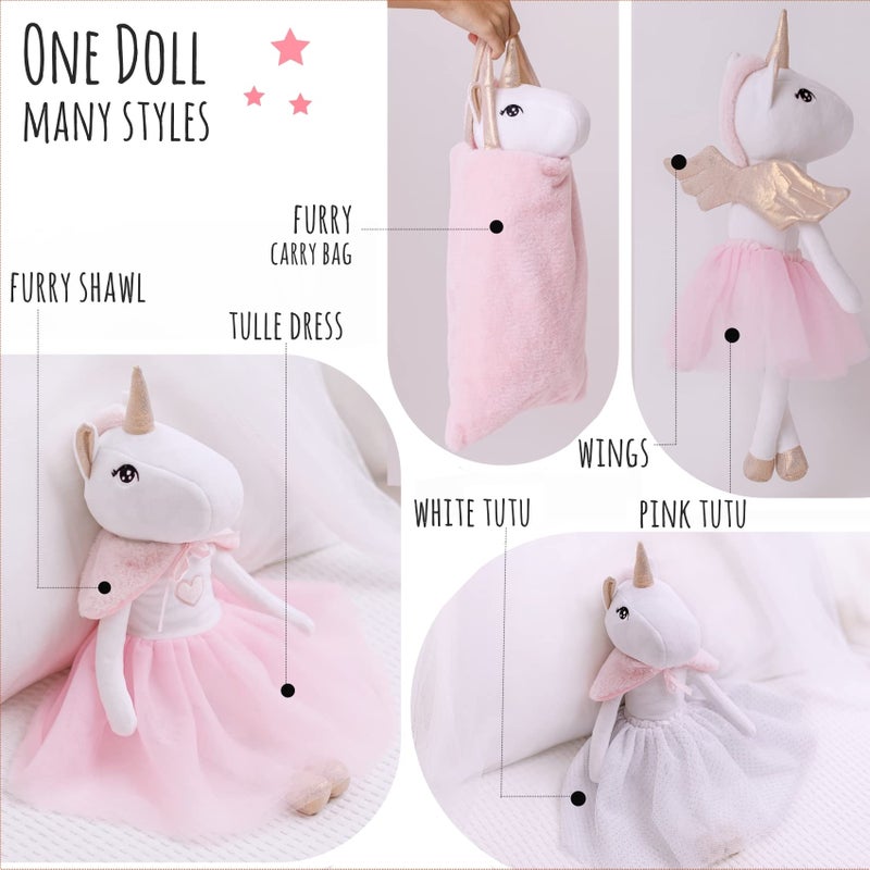 Perfectto Design Ballerina Unicorn Doll Stuffed Animal for Girls - Plush Toy Doll Set, Bag, Tutu Cloths, Wings - Play Set for 3 4 5 Year Old Girl Gift for Little Girl, Birthday, Christmas Age 3-9 - Image 3