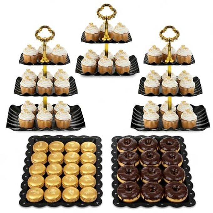 NWK 5 Piece Cake Stand Set with 2 x 3-Tier Cupcake Stands, 1 x2-Tier Cupcake Stands, 2 x Appetizer Trays, for Wedding Birthday Baby Shower Tea Party Decorations (Black)