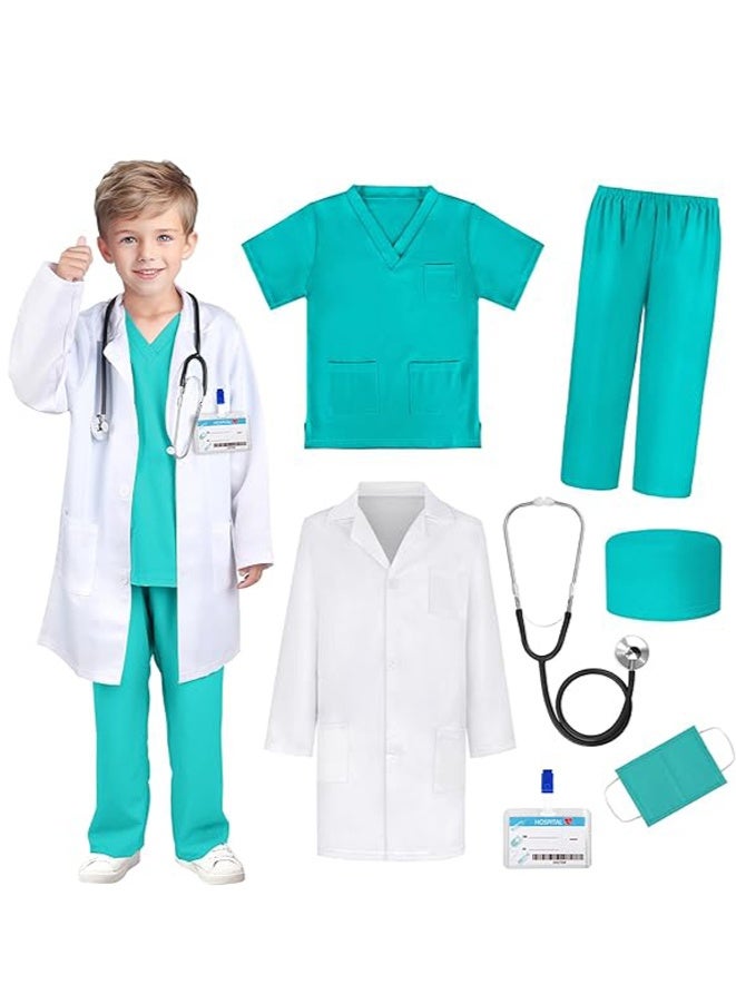 MAOGEDA Complete Kids' Doctor Pretend Play Costume Set: Scrubs, White Lab Coat, Real Stethoscope - Suitable for Ages 3-12, Great for Role - Playing and Parties, 7 Pieces - Green  - Image 1