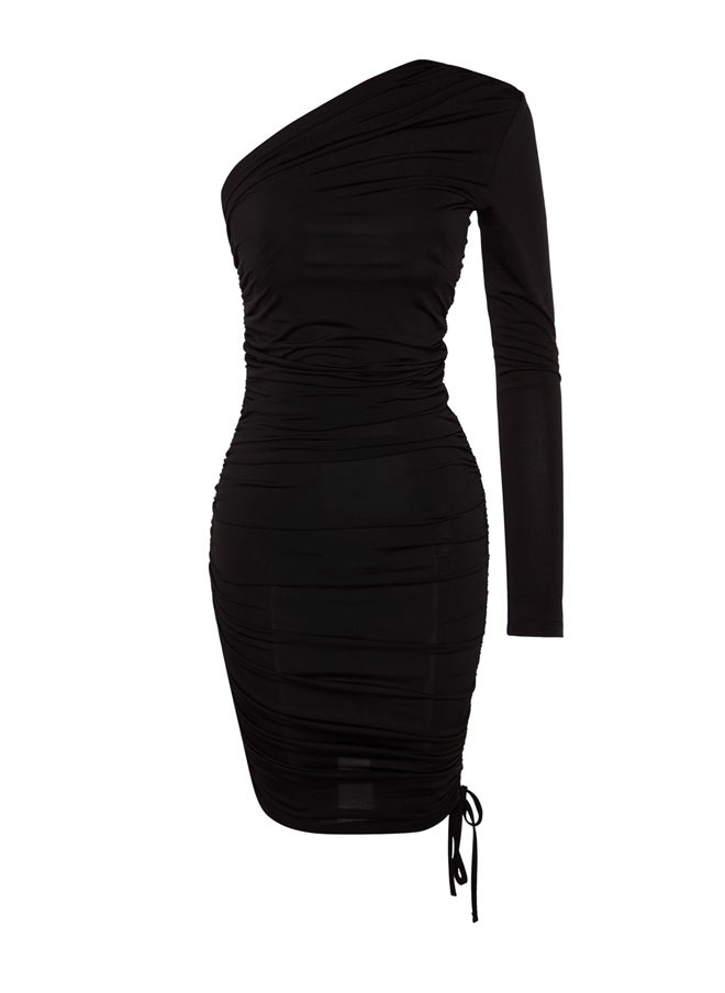 trendyol - Black Fitted Evening Dress with One Knitted Sleeve. TPRAW24EL00058 - Image 1