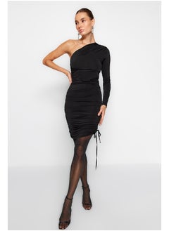 Black Fitted Evening Dress with One Knitted Sleeve. TPRAW24EL00058