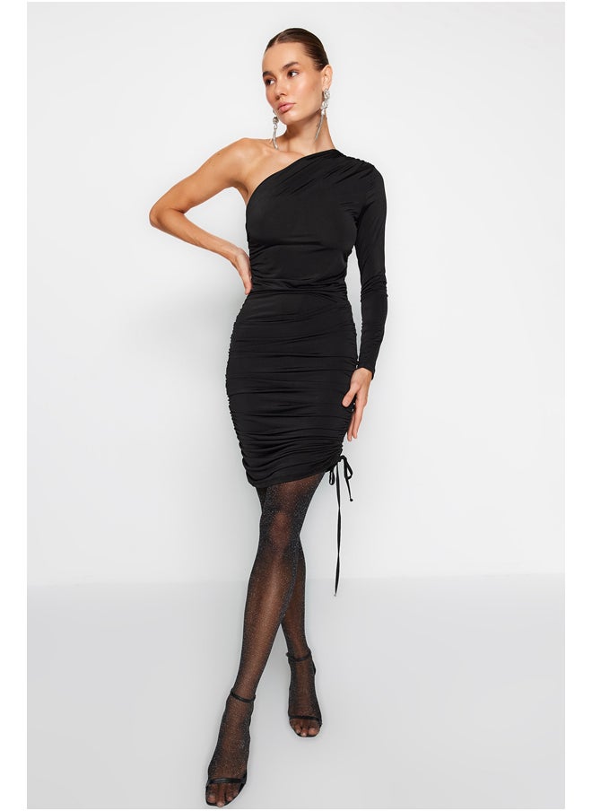 trendyol - Black Fitted Evening Dress with One Knitted Sleeve. TPRAW24EL00058 - Image 1
