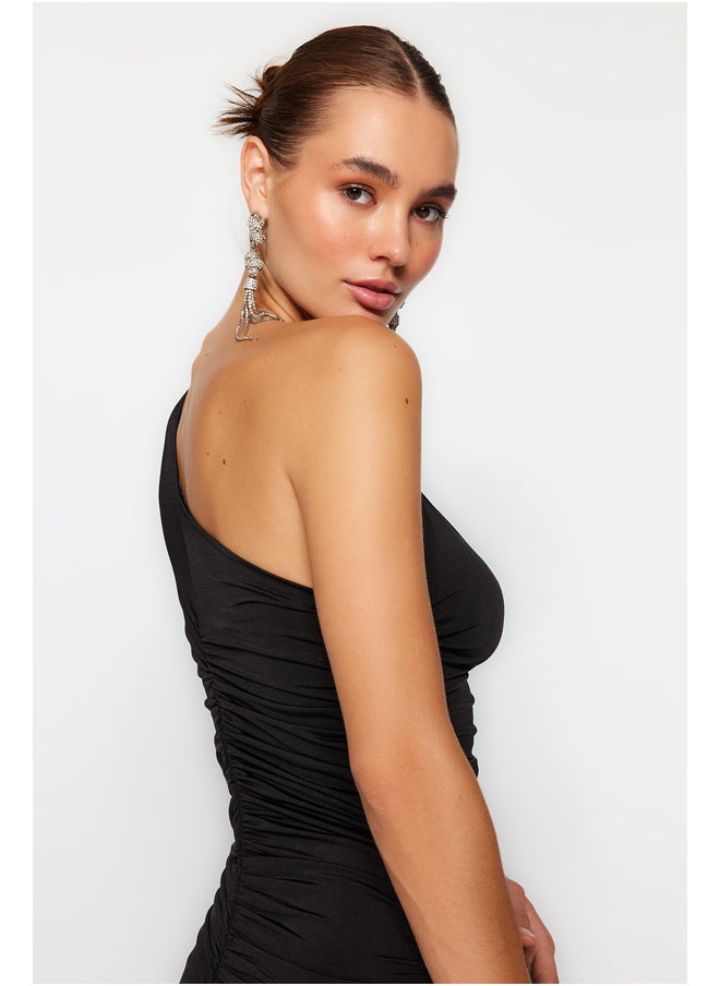 trendyol - Black Fitted Evening Dress with One Knitted Sleeve. TPRAW24EL00058 - Image 1