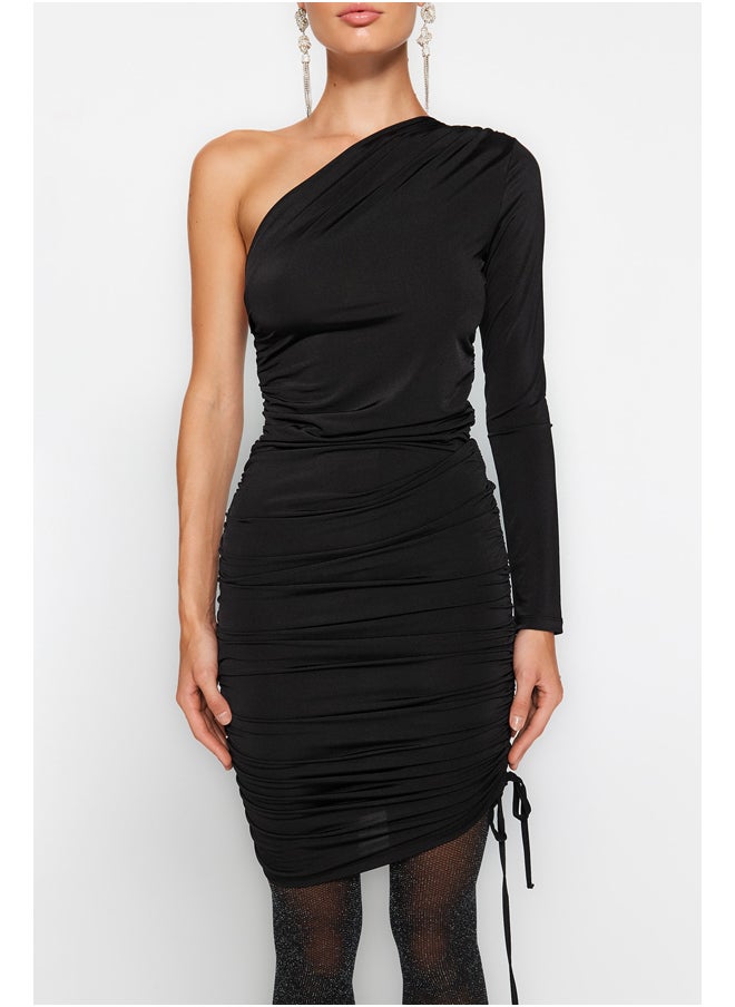 trendyol - Black Fitted Evening Dress with One Knitted Sleeve. TPRAW24EL00058 - Image 1