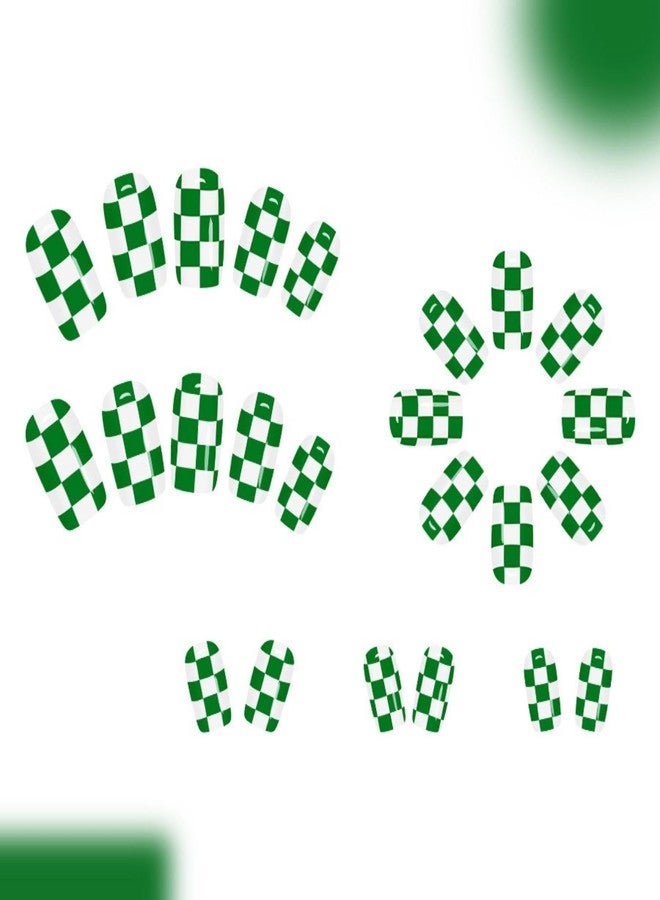 HJKDSFD 24Pcs Green Press on Nails Short Square Fake Nails with Checkerboard Design Cute Acrylic False Nail Glossy Reusable Gradient Artificial Nails Full Cover Manicure for Women Girls - Image 3