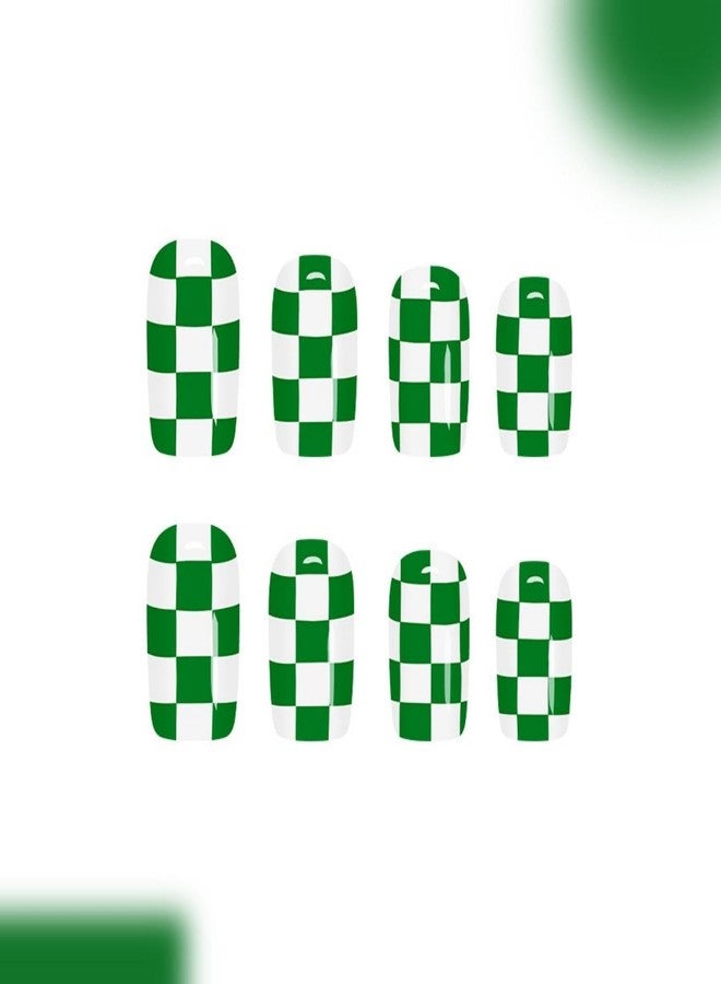 HJKDSFD 24Pcs Green Press on Nails Short Square Fake Nails with Checkerboard Design Cute Acrylic False Nail Glossy Reusable Gradient Artificial Nails Full Cover Manicure for Women Girls - Image 4