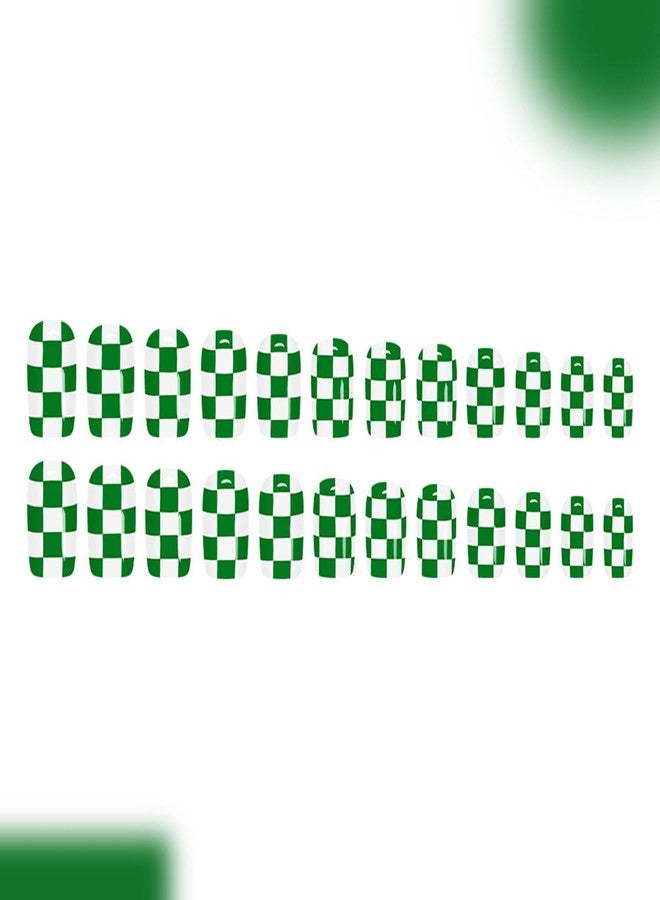 HJKDSFD 24Pcs Green Press on Nails Short Square Fake Nails with Checkerboard Design Cute Acrylic False Nail Glossy Reusable Gradient Artificial Nails Full Cover Manicure for Women Girls - Image 5