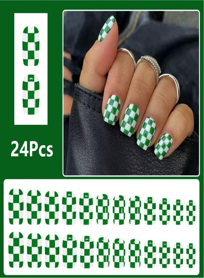 HJKDSFD 24Pcs Green Press on Nails Short Square Fake Nails with Checkerboard Design Cute Acrylic False Nail Glossy Reusable Gradient Artificial Nails Full Cover Manicure for Women Girls - Image 2