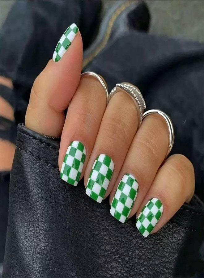 HJKDSFD 24Pcs Green Press on Nails Short Square Fake Nails with Checkerboard Design Cute Acrylic False Nail Glossy Reusable Gradient Artificial Nails Full Cover Manicure for Women Girls - Image 1