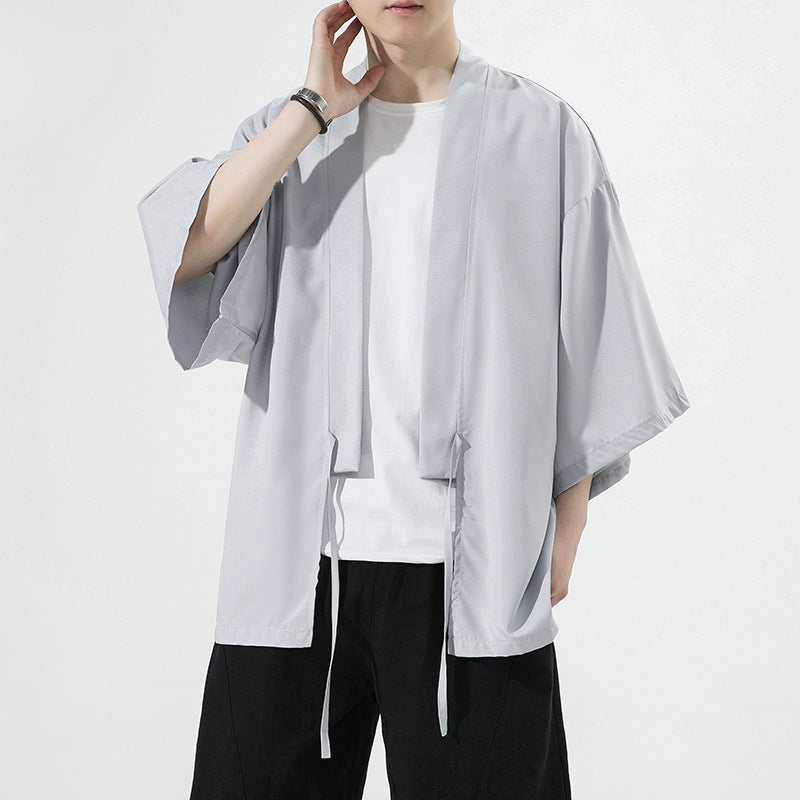 Summer Chinese Style Retro Ice Silk Loose plus size Seven-point Sleeve Feather Knitted Cardigan Kimono Cape Sunscreen Coat Trendy Gray - Image 4