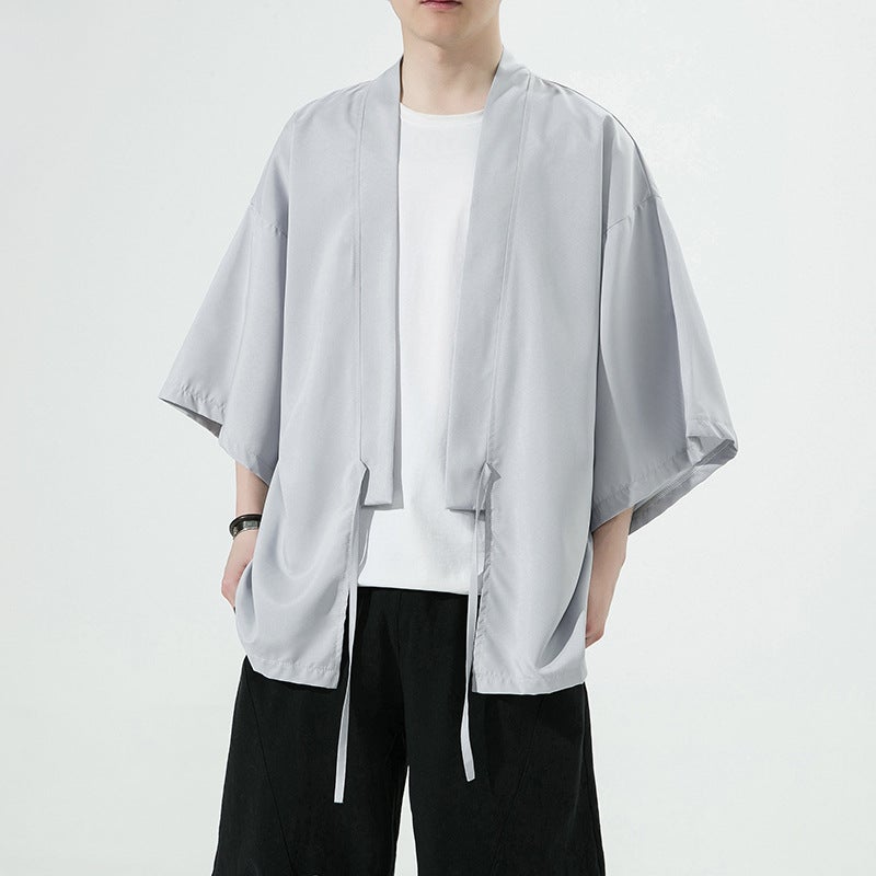 Summer Chinese Style Retro Ice Silk Loose plus size Seven-point Sleeve Feather Knitted Cardigan Kimono Cape Sunscreen Coat Trendy Gray - Image 3