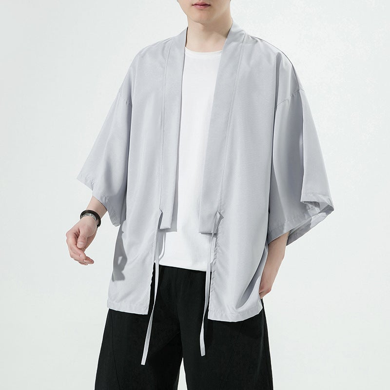 Summer Chinese Style Retro Ice Silk Loose plus size Seven-point Sleeve Feather Knitted Cardigan Kimono Cape Sunscreen Coat Trendy Gray - Image 1