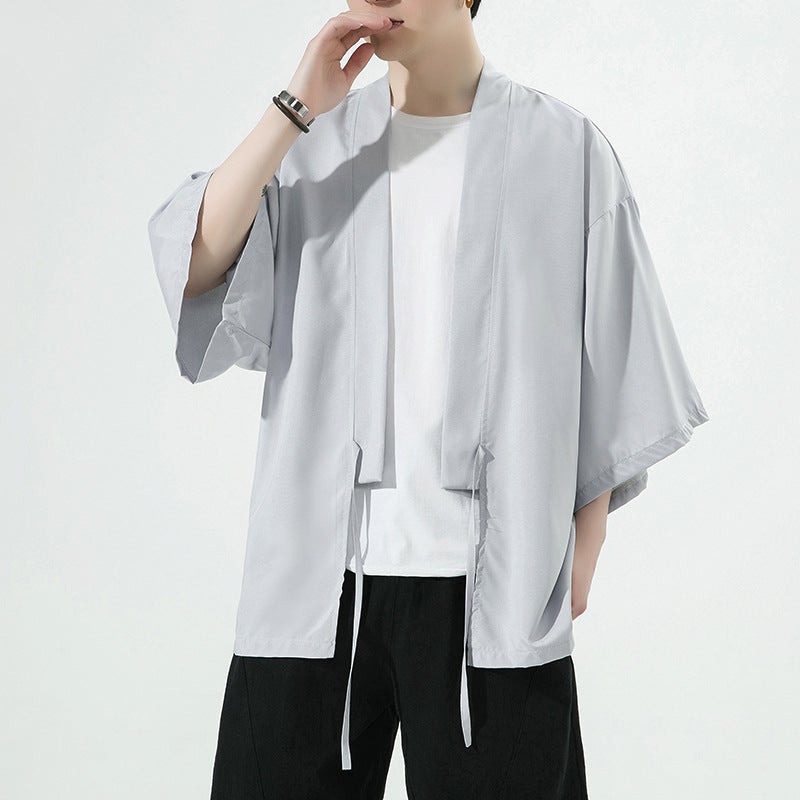Summer Chinese Style Retro Ice Silk Loose plus size Seven-point Sleeve Feather Knitted Cardigan Kimono Cape Sunscreen Coat Trendy Gray - Image 2
