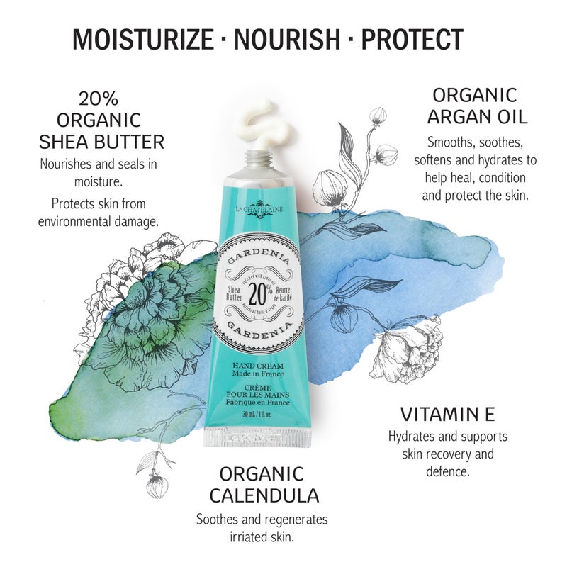 La Chatelaine 20% Shea Butter Hand Cream Travel Size, Organic Argan Oil, Moisturizing, Nourishing, Repairing, Extra-Rich Hand Lotion, Made in France, Paraben Free, 1 oz / 30ml (Gardenia) - Image 2