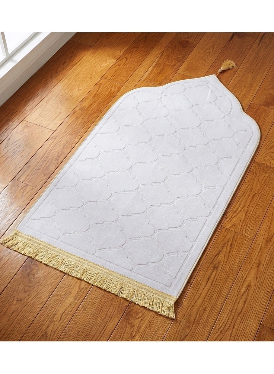 Embossed Prayer Mat Anti-Slip Velvet Top Islamic Prayer Mat New Design Thick Padded Sajadah Prayer Rug for Men Women Eid Gift Ramadan Off White 70 x 110 cm