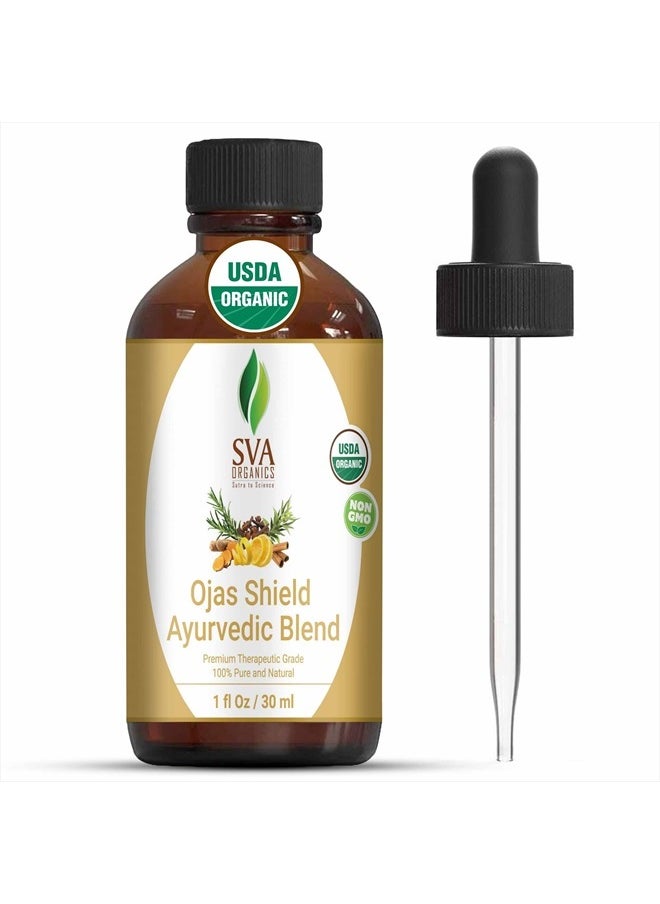 SVA Organics - SVA Organics Ojas Shield Blend 1 Oz (30 ml)Therapeutic Grade Organic Oils:Clove Oil, Cinnamon Oil, Eucalyptus Oil, Turmeric Oil, Rosemary Oil, Lemon Oil For Wellness, Vitality, Aromatherapy & Diffuser - Image 1