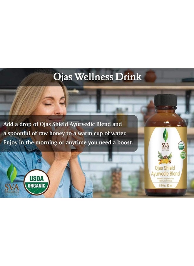 SVA Organics - SVA Organics Ojas Shield Blend 1 Oz (30 ml)Therapeutic Grade Organic Oils:Clove Oil, Cinnamon Oil, Eucalyptus Oil, Turmeric Oil, Rosemary Oil, Lemon Oil For Wellness, Vitality, Aromatherapy & Diffuser - Image 1