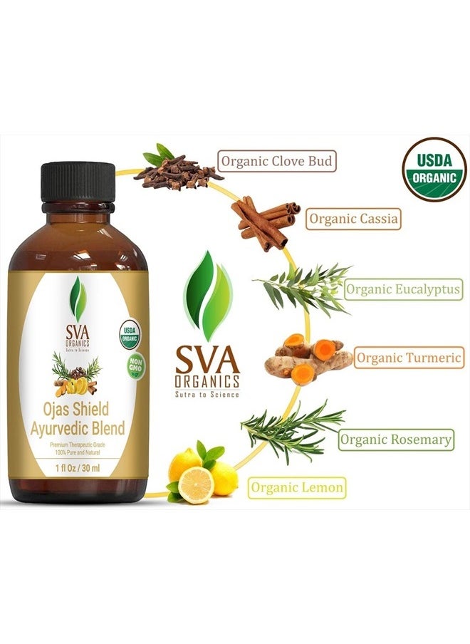 SVA Organics - SVA Organics Ojas Shield Blend 1 Oz (30 ml)Therapeutic Grade Organic Oils:Clove Oil, Cinnamon Oil, Eucalyptus Oil, Turmeric Oil, Rosemary Oil, Lemon Oil For Wellness, Vitality, Aromatherapy & Diffuser - Image 1