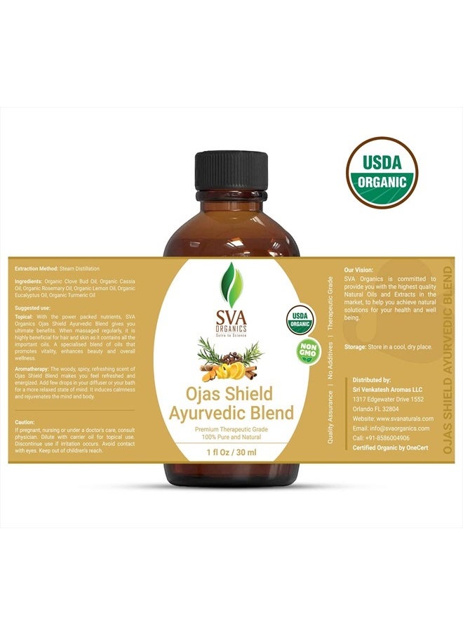 SVA Organics - SVA Organics Ojas Shield Blend 1 Oz (30 ml)Therapeutic Grade Organic Oils:Clove Oil, Cinnamon Oil, Eucalyptus Oil, Turmeric Oil, Rosemary Oil, Lemon Oil For Wellness, Vitality, Aromatherapy & Diffuser - Image 1