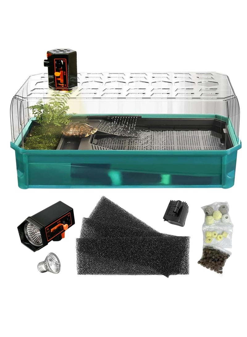 vsell24 Deluxe Turtle Tank Kit with Light and Filter, Green - 46x23x20 cm Large Habitat with Anti-Escape Fence for Baby Turtles  - Image 2