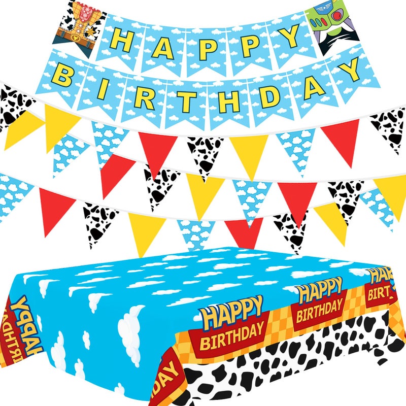 PPXMEEUDC Cartoon Story Party Decorations Blue Sky White Cloud Tablecloths Cloud Cow Print Banner Flags Hanging Decorations for Birthday Baby Shower Cartoon Story Party Supplies - Image 1