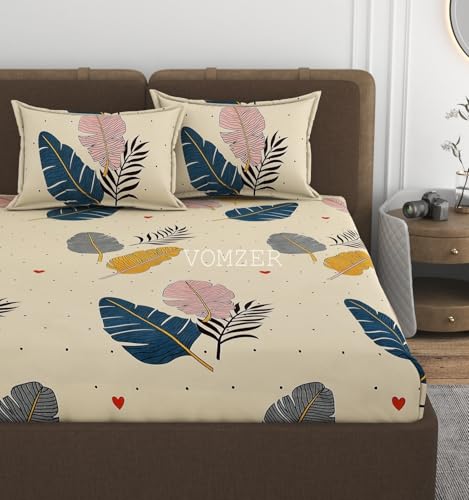 VOMZER 320 TC Cotton Feel All Around Elastic Fitted Queen Size Bedsheets, Supersoft Elastic Fitted Double Bedsheet with 2 Pillow Covers, Size 60x78x8 Inches (Cream) - Image 1