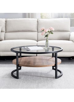 AGD Round Coffee Table, Glass Surface Top & wooden shelf and Sturdy Metal Legs ,Sofa Table for Living Room Modern Design Home Furniture with Storage Open Shelf (Black)  - Image 1
