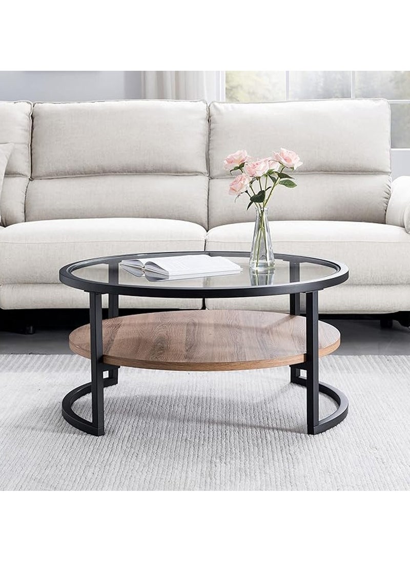 AGD Round Coffee Table, Glass Surface Top & wooden shelf and Sturdy Metal Legs ,Sofa Table for Living Room Modern Design Home Furniture with Storage Open Shelf (Black)  - Image 1