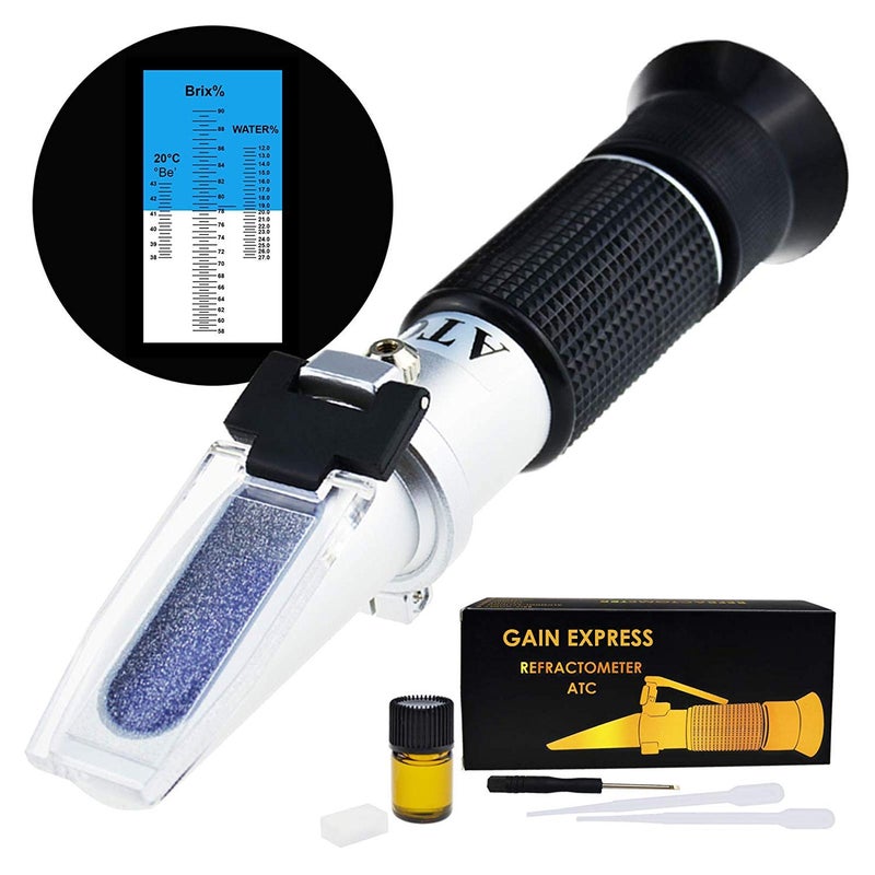 3in1 Honey Refractometer BrixMoistureBaume Tester Meter ATC TriScale 589012273843Be Sugar Water Content Level Beekeeping Maple Syrup Test Kit wCalibration Oil Block