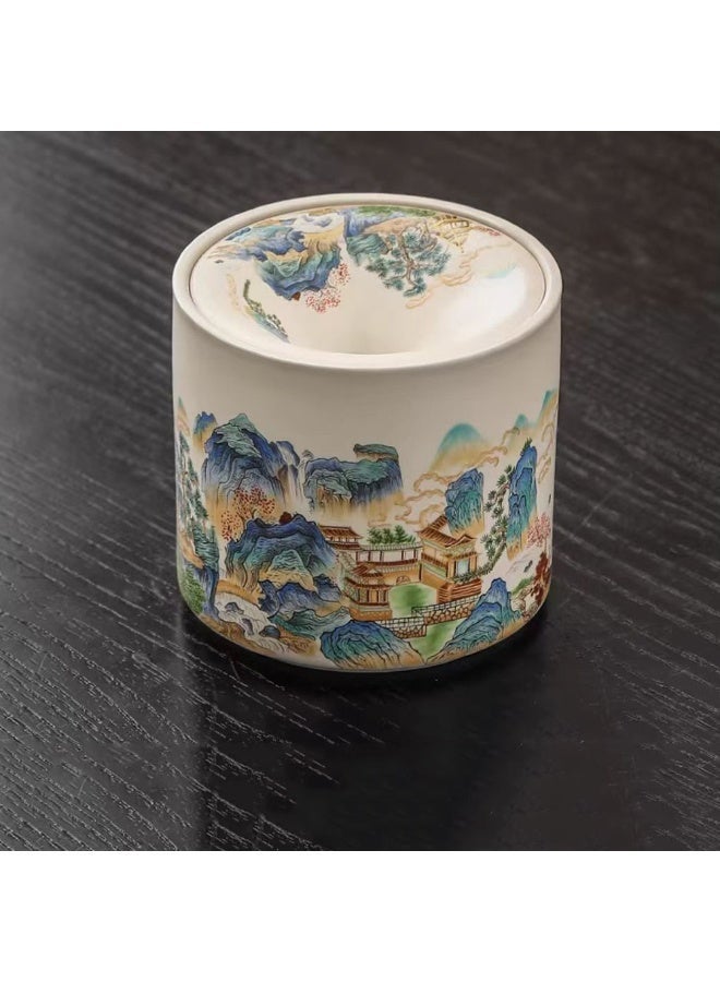 1pcs China-Chic Style Funneling Ashtray，Ceramic Anti Fly Ash Collector With Lid，Multi-Functional Tea Residue Storage Bucket，Suitable For Living Rooms And Offices - Image 5