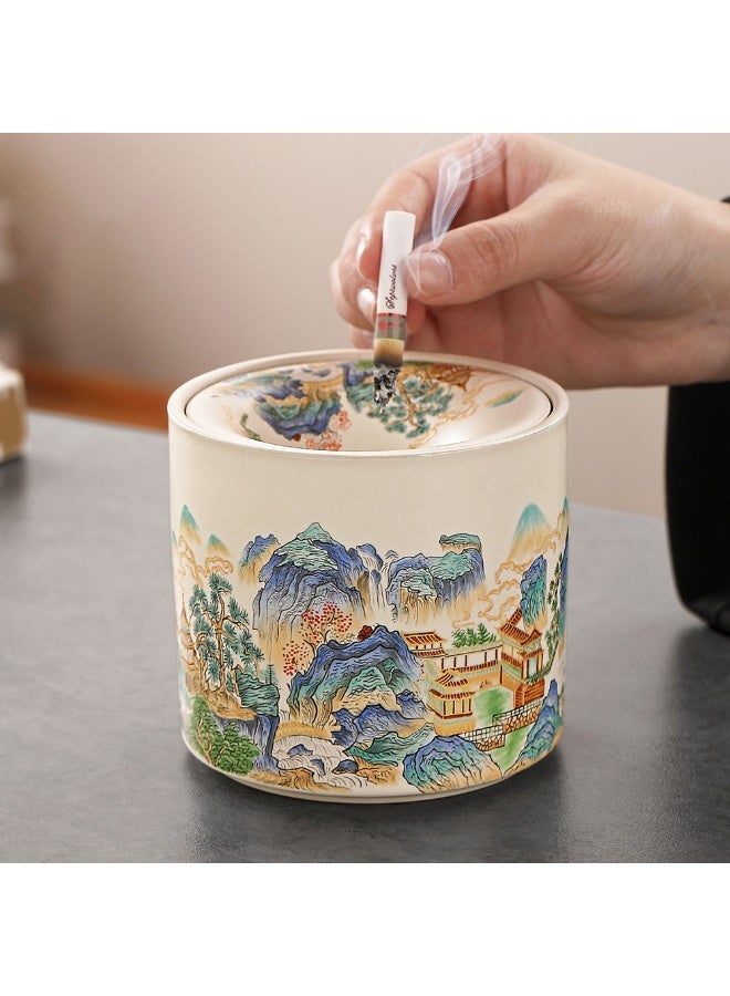 1pcs China-Chic Style Funneling Ashtray，Ceramic Anti Fly Ash Collector With Lid，Multi-Functional Tea Residue Storage Bucket，Suitable For Living Rooms And Offices - Image 1