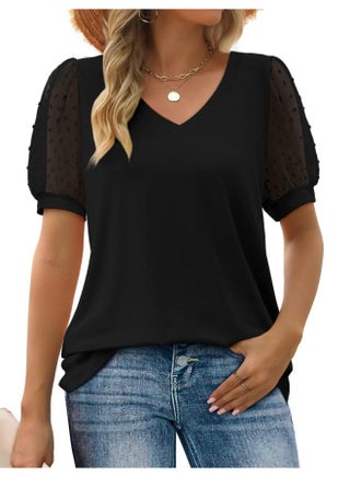European And American Women's Small Fur Ball Mesh Fluffy Short-sleeved Puff-sleeved V-neck Solid Color T-shirt For Women - pzsku/ZC8285F91A67649A6196BZ/45/1746222080/c0a3b338-90d5-4b1e-bc88-83ffdede4a4c