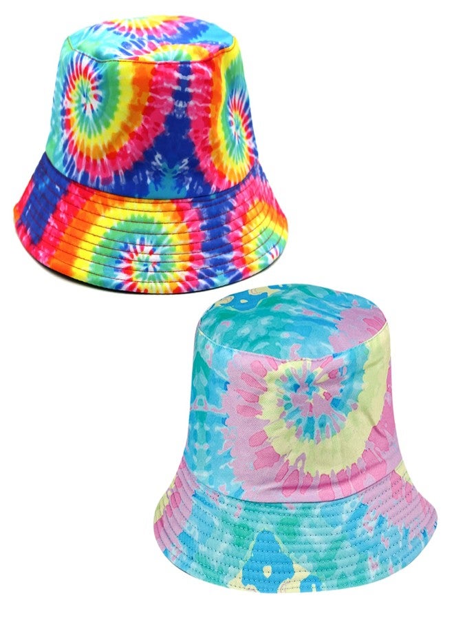 Paticr 2 Pack Hippie Tie Dye Bucket Hat, Unisex Cotton Reversible Sun Hat Travel Cap, 80s 90s Party Fisherman Hats (Set A) - Image 2